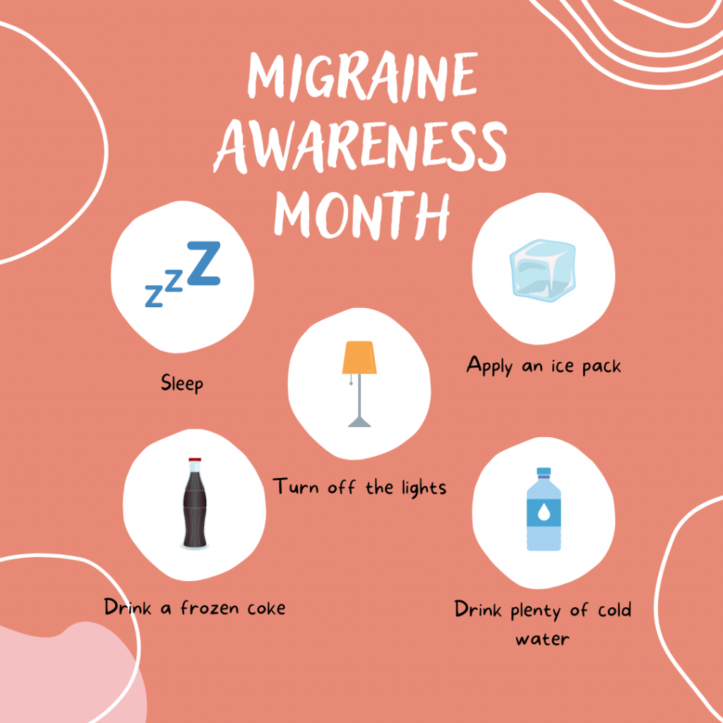 Pink-orange background with white white circular lines in the corners. Heading in white text reads "Migraine Awareness Month". 5 circles with images in the centre and text underneath reading "sleep", "apply an ice pack", "turn off the lights", "drink a frozen coke" and "drink plenty of cold water". 