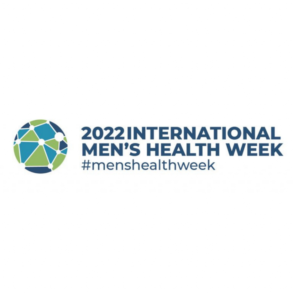 Small green, light blue and dark blue globe with text beside it that reads "2022 International men's health week #menshealthweek". 