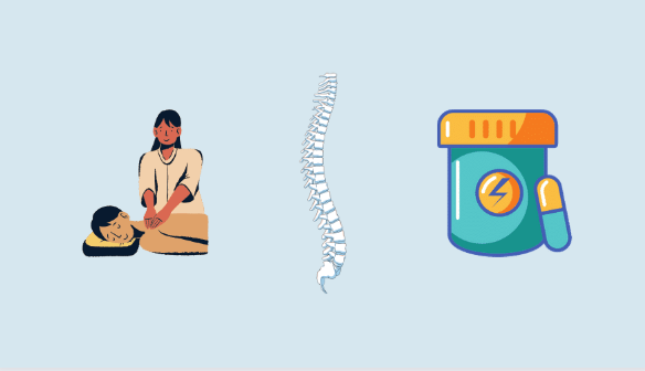 Light blue background with three images lines up horizontally. 
The first shows one person massaging another person's back. 
The second is an animated spine. 
The third is a blue supplement container with a yellow lid and a blue and yellow tablet next to it. 