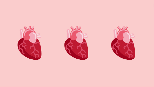 Light red background with three red and pink animated pictures of an anatomical heart. 
