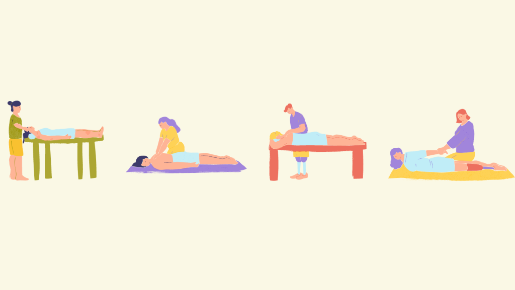 Light yellow background. Four images horizontally in centre showing one person being massages by another person. 
