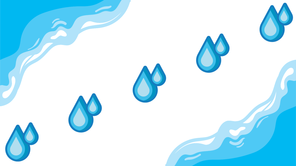 Rectangular image with blue water splash on top left and bottom right corners. Image of two blue water droplets repeated 5 times from bottom left corner diagonally to top right corner. 