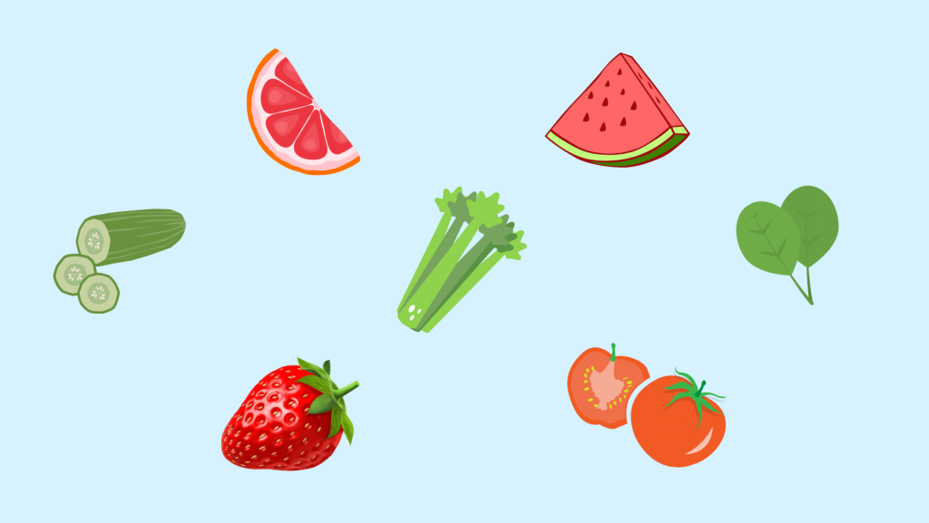 Light blue background with small images of different fruits and vegetables including cucumber, celery, spinach, grapefruit, watermelon, strawberry and tomatoes.