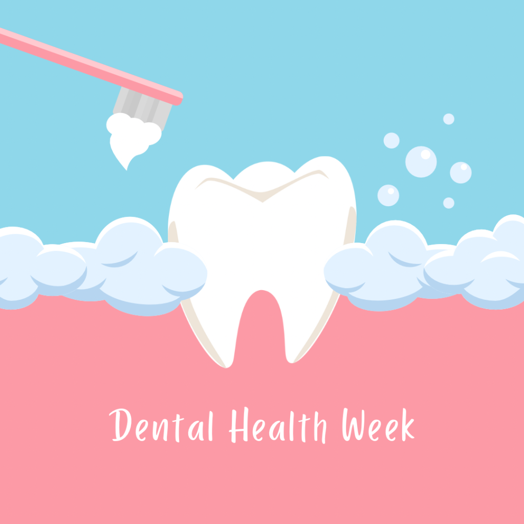 Animated image of pink toothbrush brushing a white tooth. Suds of toothpaste on either side of the tooth. Blue background in the top half of the image with a pink background on the bottom of the image below to tooth to represent our gums. 