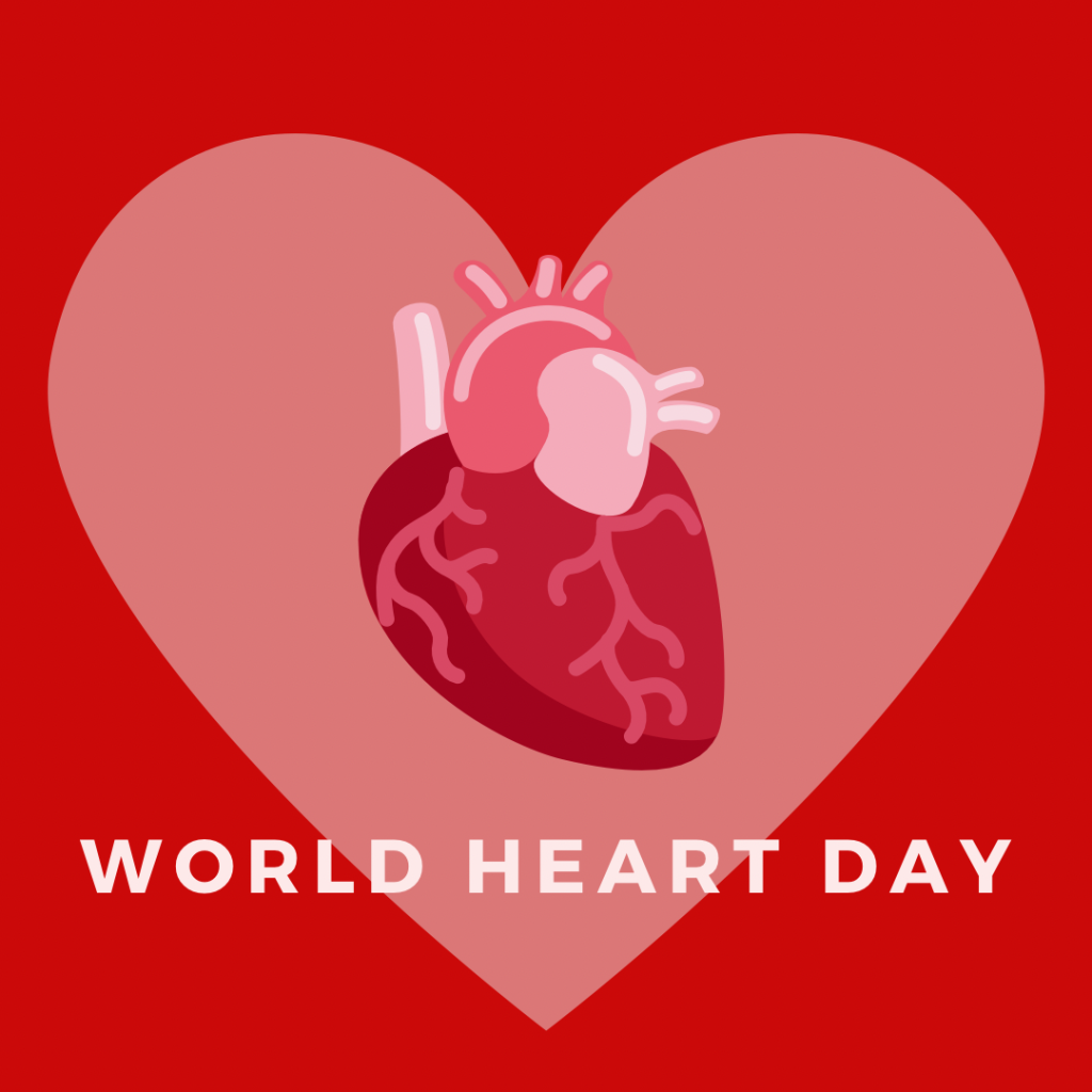 Square image with a red background and a pink love heart in the centre. In the middle of the pink love heart is a red and pink animated image of an anatomical heart. White text in the bottom centre of the image reads “World Heart Day”.