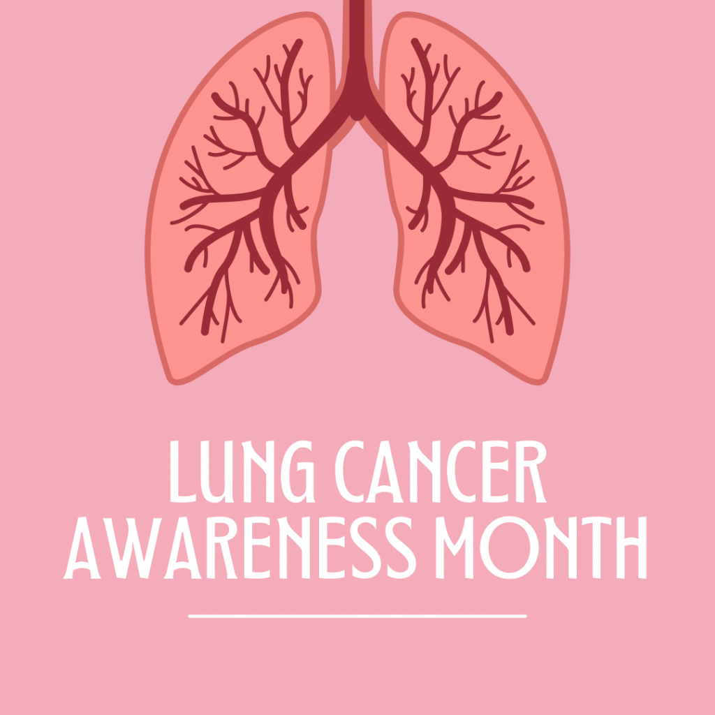 Square image with pink background and an animated picture of a pair of lungs in the centre top. White block text below reads “lung cancer awareness month”.