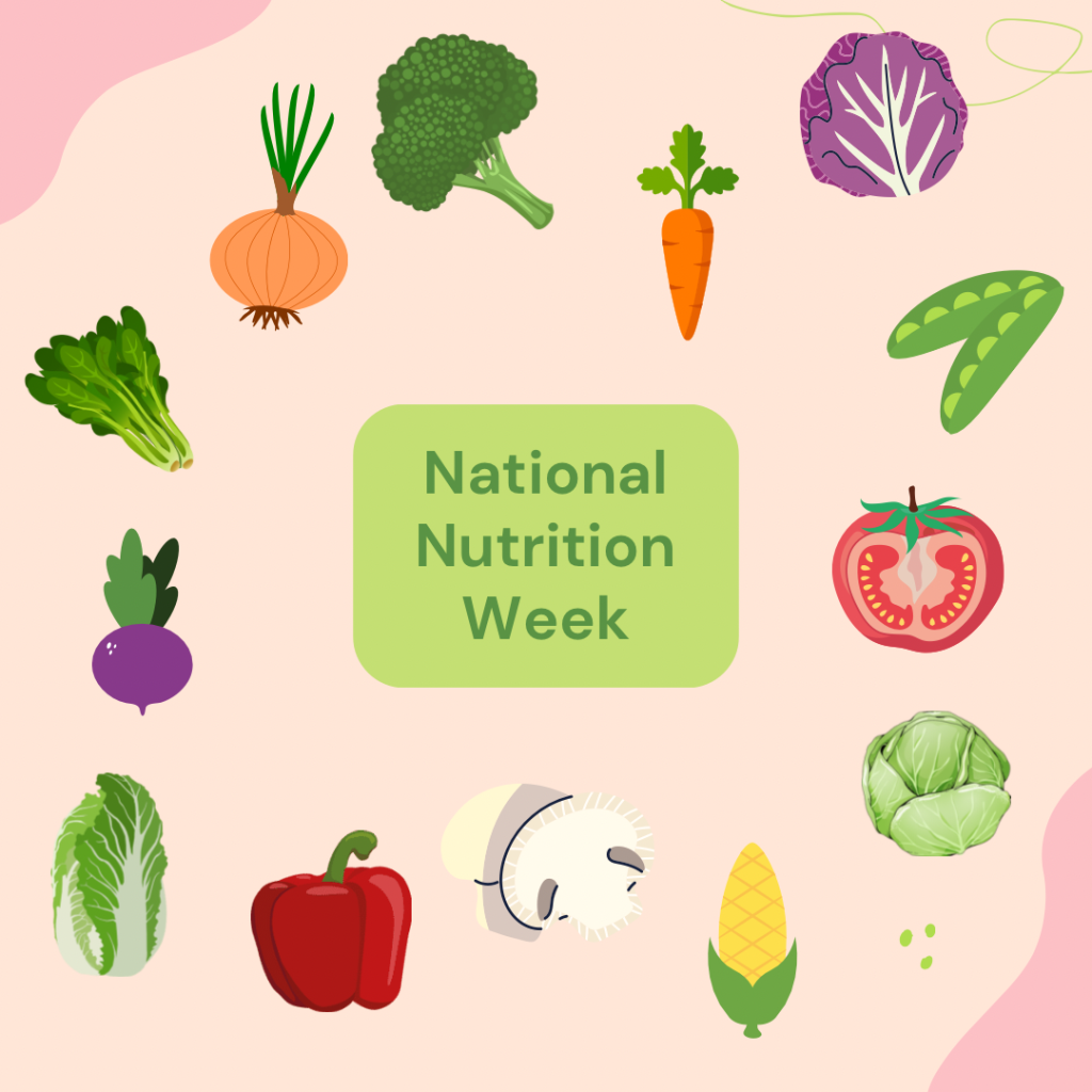 Light pink background. Green text in centre of image in a light green text bubble reads “National Nutrition Week”. Animated images of vegetables scattered across the picture including: Broccoli, carrot, red cabbage, pea pods, tomato, green cabbage, corn cob, mushroom, red capsicum, cos lettuce, beetroot, rocket and onion. 