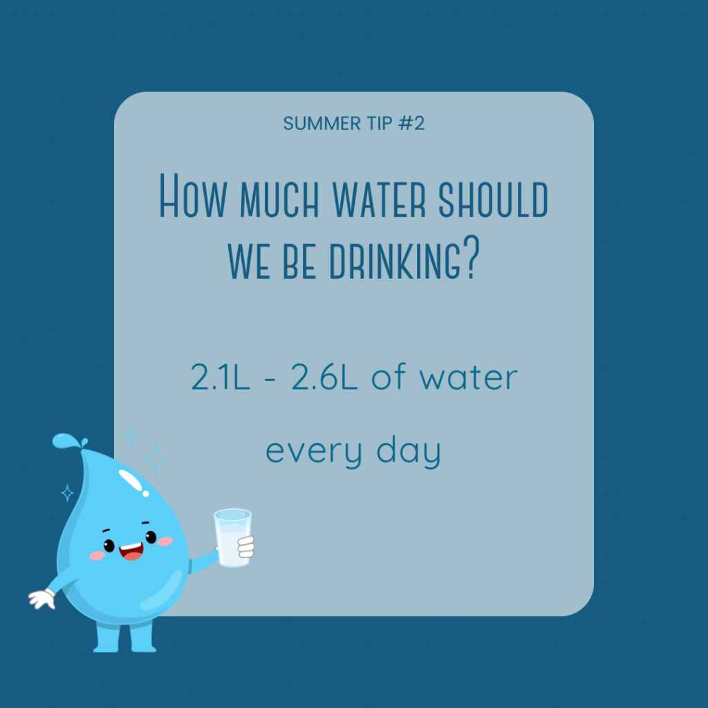 Square image with dark blue background. Light blue box in centre with text reading “Summer Tip #2 How much water should we be drinking? 2.1L - 2.6L of water every day. Animated image of a smiling water drop holding a glass of water in the bottom left corner. 