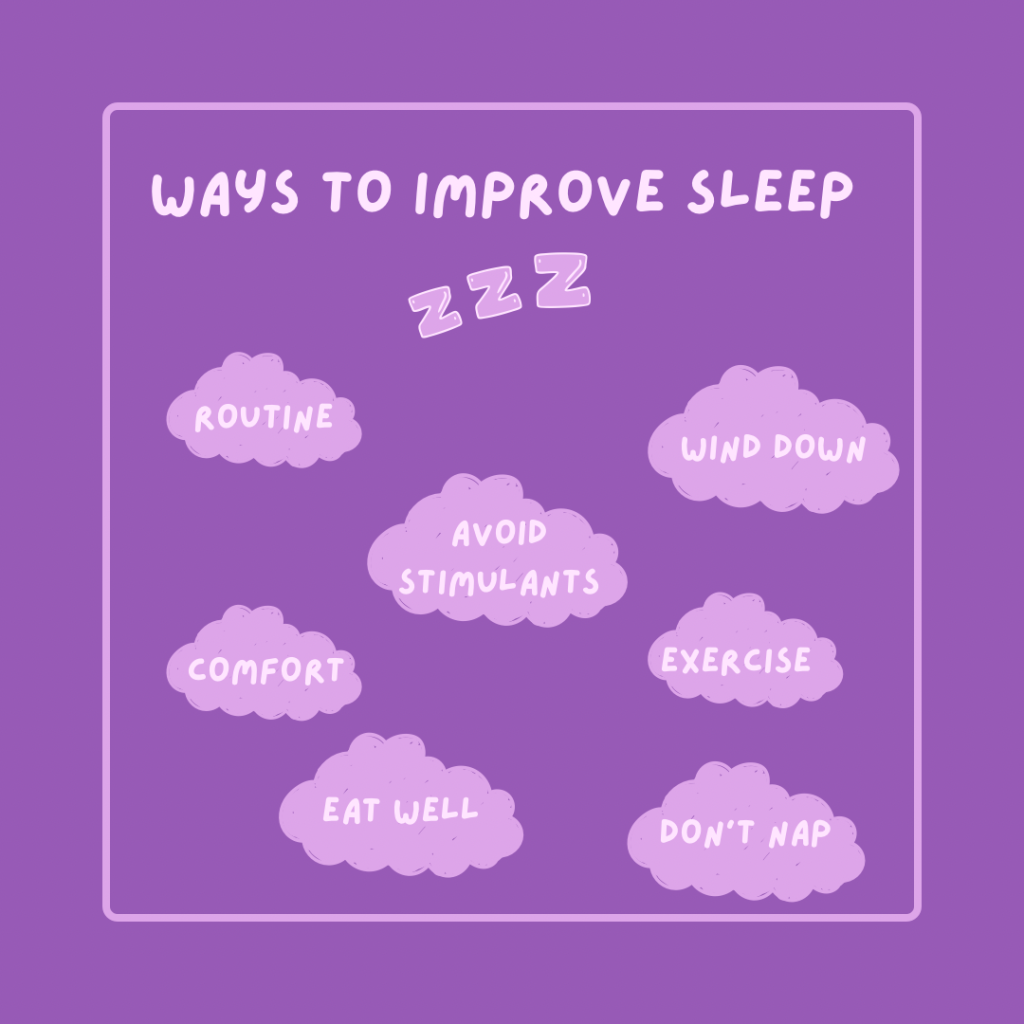 Square image with dark purple background. Light purple heading that reads “ways to improve sleep”. Three Z’s below heading. Seven randomly placed light purple clouds scattered across image with light text in the centre of each cloud reading “routine, wind down, avoid stimulants, exercise, comfort, eat well and don’t nap”. 