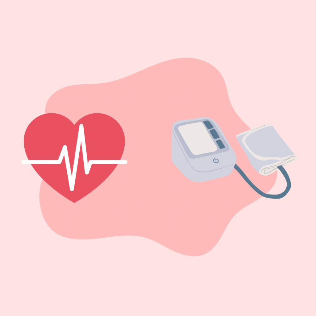 Light pink background with two images in the centre. Image on the left is a red love heart with a heartbeat wave in the middle. Image on the left of a blood pressure machine. 